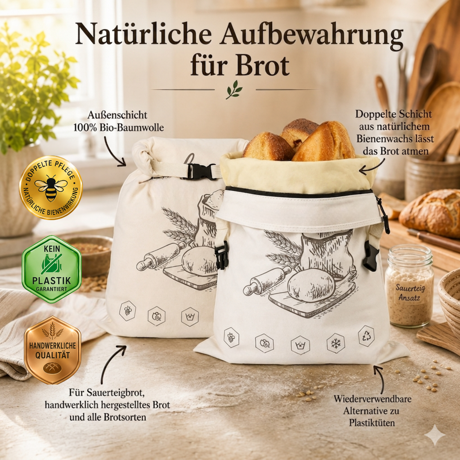 Wiederverwendbare Bienenwachs-Brottasche mit Druckknopf