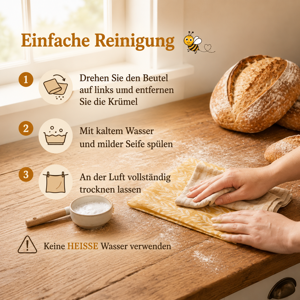 Wiederverwendbare Bienenwachs-Brottasche mit Druckknopf